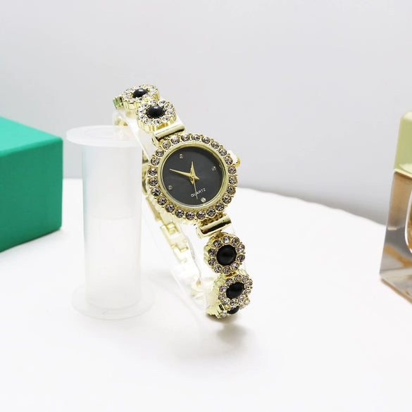 Leisure Fashion Women's Watch Alloy Case Stainless Steel Strap Mineral Strengthened Mirror Round Dial Chalcedony Bracelet Quartz Watch