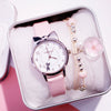 Leisure Female Alloy Ordinary Glass Mirror Pin Buckle Imitation Leather Quartz Watch With Round Dial And Kitten Ears Flower Design