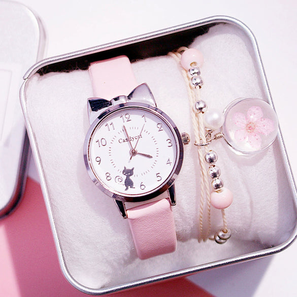 Leisure Female Alloy Ordinary Glass Mirror Pin Buckle Imitation Leather Quartz Watch With Round Dial And Kitten Ears Flower Design