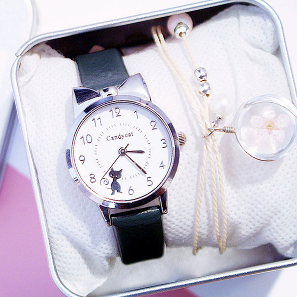 Leisure Female Alloy Ordinary Glass Mirror Pin Buckle Imitation Leather Quartz Watch With Round Dial And Kitten Ears Flower Design