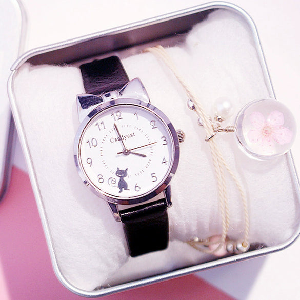 Leisure Female Alloy Ordinary Glass Mirror Pin Buckle Imitation Leather Quartz Watch With Round Dial And Kitten Ears Flower Design