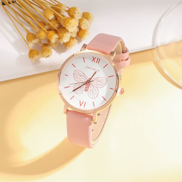 Leisure Female Belt Watch And Butterfly Pendant Jewelry Set With Alloy Case Imitation Leather Strap And Stainless Steel Buckle In Spring And Summer Style