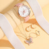 Leisure Female Belt Watch And Butterfly Pendant Jewelry Set With Alloy Case Imitation Leather Strap And Stainless Steel Buckle In Spring And Summer Style