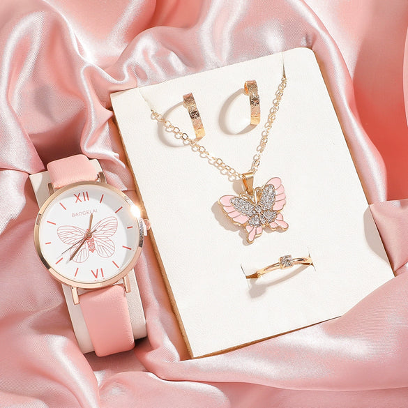 Leisure Female Belt Watch And Butterfly Pendant Jewelry Set With Alloy Case Imitation Leather Strap And Stainless Steel Buckle In Spring And Summer Style