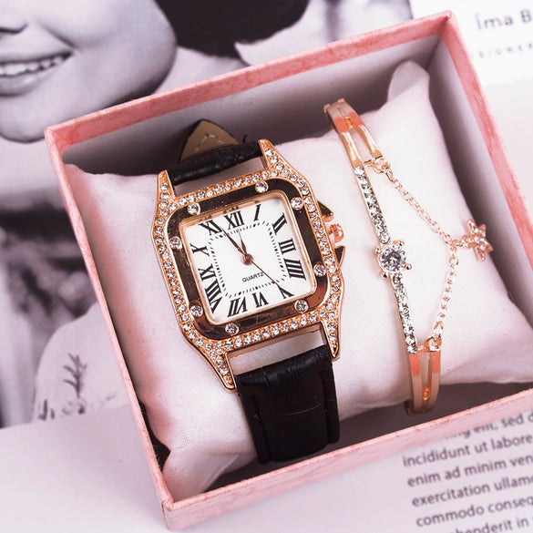 Leisure Female Watch Set With Alloy Case Genuine Leather Strap And Round Dial