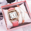 Leisure Female Watch Set With Alloy Case Genuine Leather Strap And Round Dial