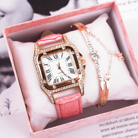Leisure Female Watch Set With Alloy Case Genuine Leather Strap And Round Dial