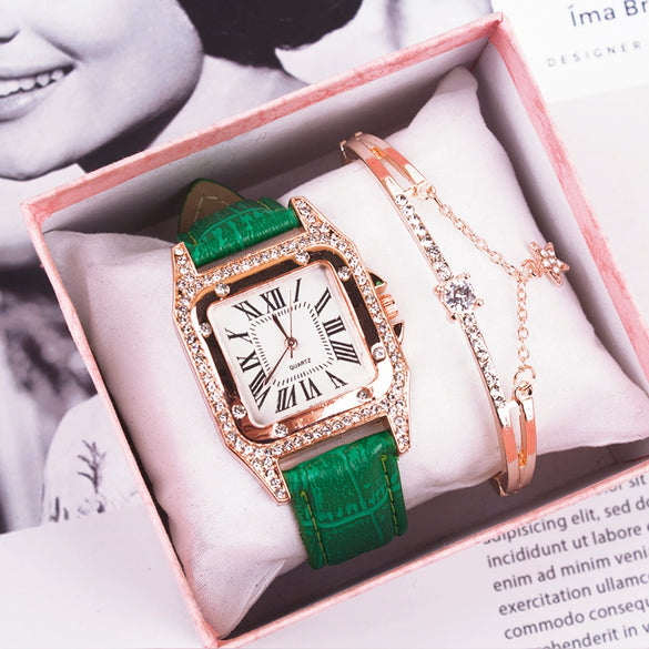 Leisure Female Watch Set With Alloy Case Genuine Leather Strap And Round Dial