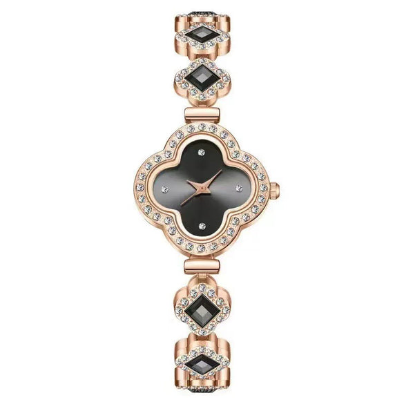 Leisure Fourleaf Clover Alloy Bracelet Quartz Watch For Women With Rhombus Dial