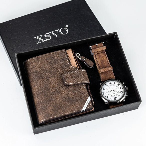 Leisure Men's Alloy Case Stainless Steel Clasp Pu Strap Round Dial Gift Watch And Wallet Set