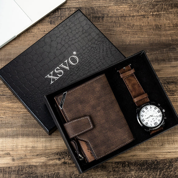 Leisure Men's Alloy Case Stainless Steel Clasp Pu Strap Round Dial Gift Watch And Wallet Set