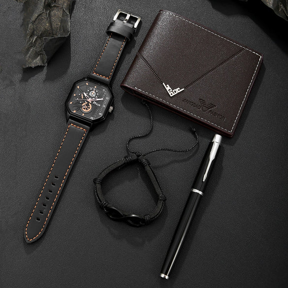 Leisure Men's Alloy Pin Buckle Doublelayer Square Imitation Leather Belt Sports Quartz Watch