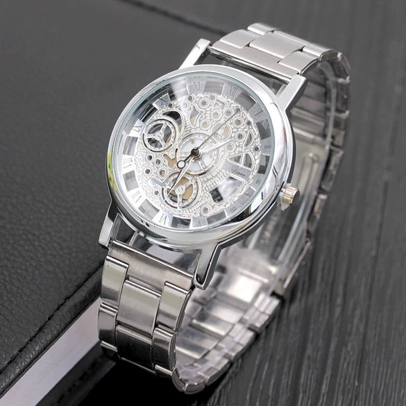 Leisure Perspective Cut Out Alloy And Stainless Steel Band Round Dial Pointer Watch With Horseshoe Buckle