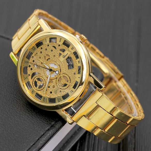 Leisure Perspective Cut Out Alloy And Stainless Steel Band Round Dial Pointer Watch With Horseshoe Buckle