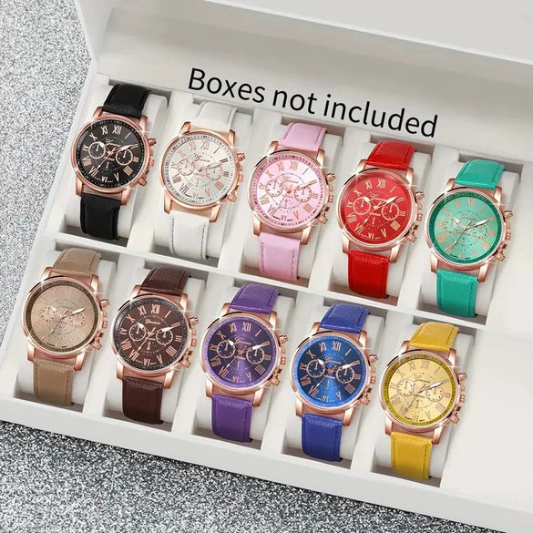 Leisure Plastic And Stainless Steel Imitation Leather Belt Wrist Watch Round Dial Dopamine Color For Female