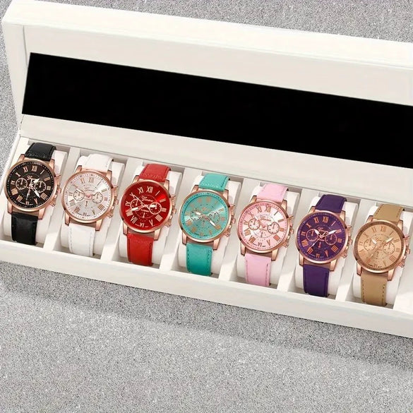 Leisure Plastic And Stainless Steel Imitation Leather Belt Wrist Watch Round Dial Dopamine Color For Female
