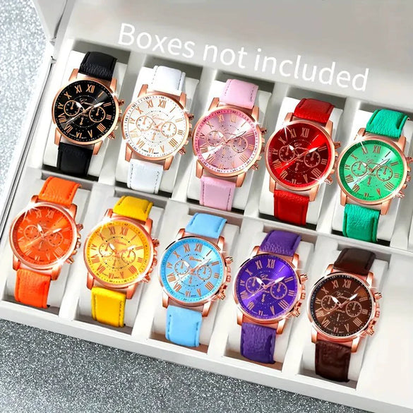 Leisure Plastic And Stainless Steel Imitation Leather Belt Wrist Watch Round Dial Dopamine Color For Female