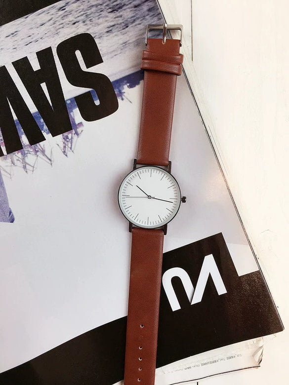 Leisure Quartz Watch Alloy Case Genuine Leather Strap Round Dial For General Gender