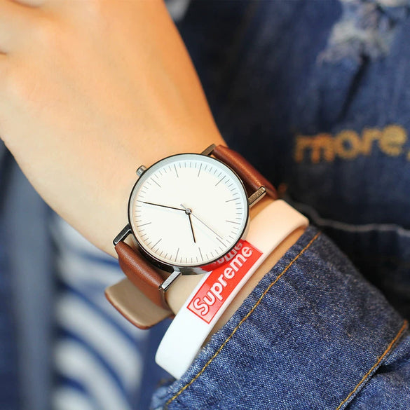 Leisure Quartz Watch Alloy Case Genuine Leather Strap Round Dial For General Gender