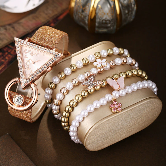 Leisure Quartz Watch And Pearl Butterfly Bracelet Suit Alloy Material Round Dial For Female