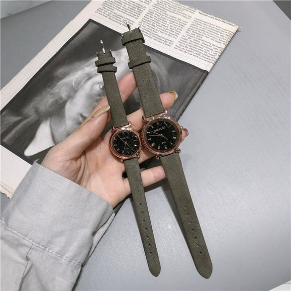 Leisure Retro Allmatch Couple Watch Alloy Case Imitation Leather Strap Stainless Steel Clasp Round Dial Ordinary Glass Mirror