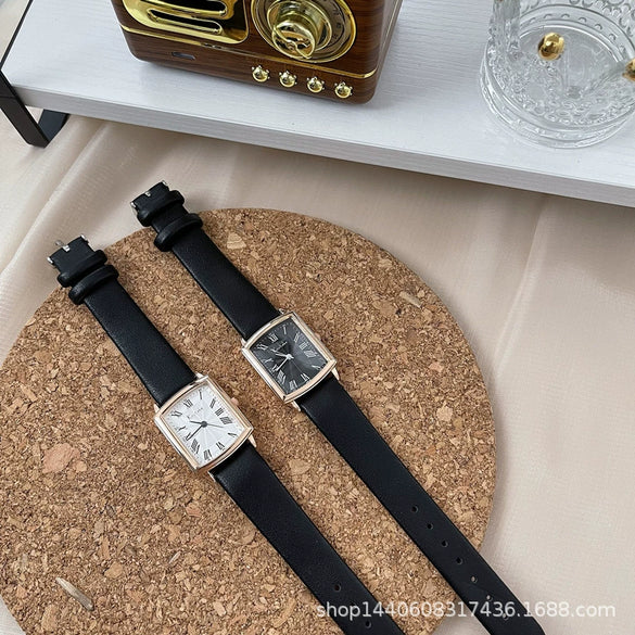Leisure Square Alloy Case Ordinary Glass Mirror Couple's Watch With Roman Scale For Autumn And Winter