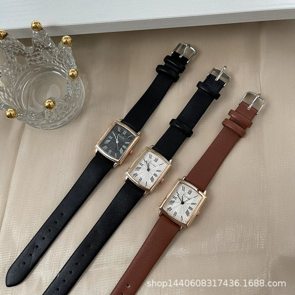 Leisure Square Alloy Case Ordinary Glass Mirror Couple's Watch With Roman Scale For Autumn And Winter
