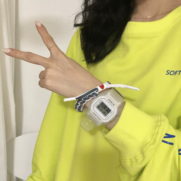 Leisure Square Electronic Watch Rubber Case Silicone Strap Stainless Steel Clasp Plastic Mirror