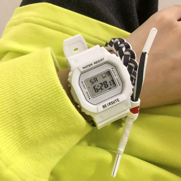 Leisure Square Electronic Watch Rubber Case Silicone Strap Stainless Steel Clasp Plastic Mirror