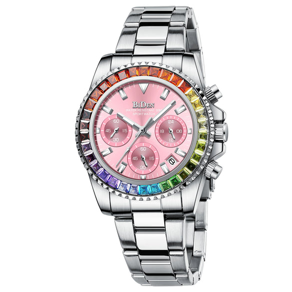 Leisure Steel Band Quartz Watch For Women With Round Dial And Colored Diamond