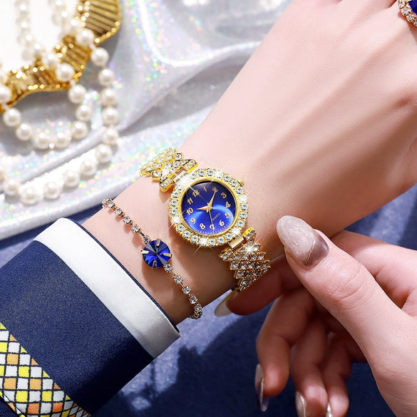 Leisure Style Alloy Case Stainless Steel Band Round Quartz Watch And Jewelry Set For Female