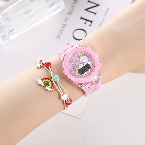 Leisure Unicorn Luminous Alloy Case Stainless Steel Clasp Silicone Strap Round Dial Electronic Watch