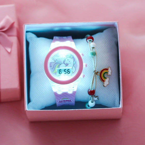 Leisure Unicorn Luminous Alloy Case Stainless Steel Clasp Silicone Strap Round Dial Electronic Watch
