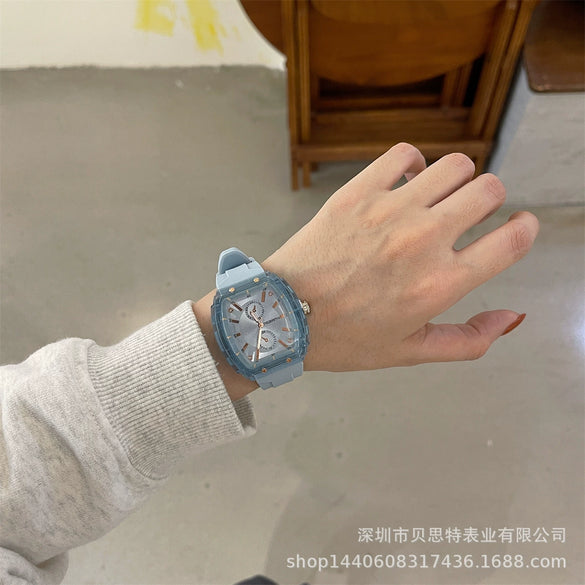 Leisure Wine Barrel Silicone Plastic Mirror Female Watch