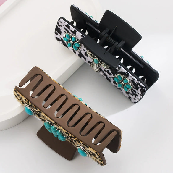 Leopard Leather Hairpin Shark Clip Alloy Turquoise Vintage Trendy Women's Fashion Inlay Hair Accessories