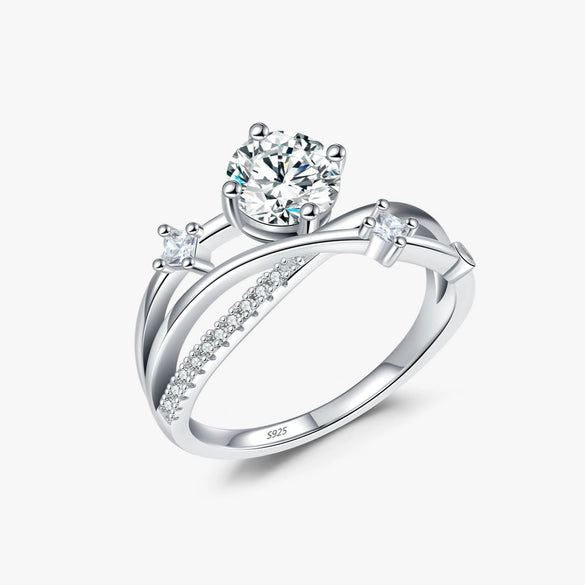 Light Luxury Advanced Cross Line Ins Style Silver Ring Jewelry For Women With Geometric Pattern And Diamond Design