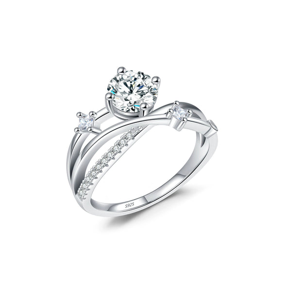 Light Luxury Advanced Cross Line Ins Style Silver Ring Jewelry For Women With Geometric Pattern And Diamond Design