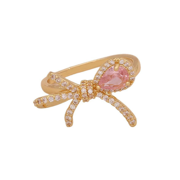 Light Luxury All Match Women's Copper Open Ring With Love Zircon And Bow Heart Shape Pattern Zirconia Processed