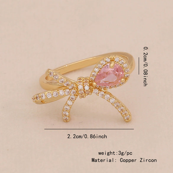 Light Luxury All Match Women's Copper Open Ring With Love Zircon And Bow Heart Shape Pattern Zirconia Processed