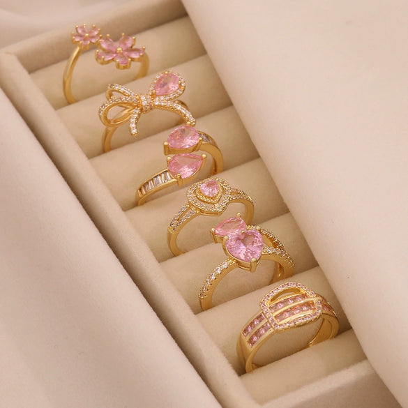 Light Luxury All Match Women's Copper Open Ring With Love Zircon And Bow Heart Shape Pattern Zirconia Processed