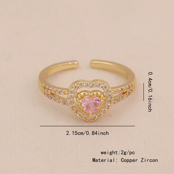 Light Luxury All Match Women's Copper Open Ring With Love Zircon And Bow Heart Shape Pattern Zirconia Processed