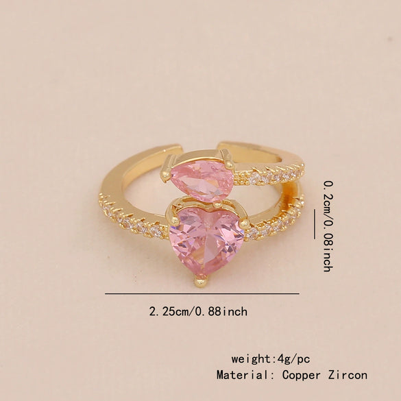 Light Luxury All Match Women's Copper Open Ring With Love Zircon And Bow Heart Shape Pattern Zirconia Processed