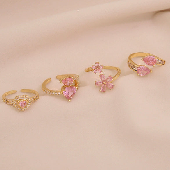 Light Luxury All Match Women's Copper Open Ring With Love Zircon And Bow Heart Shape Pattern Zirconia Processed