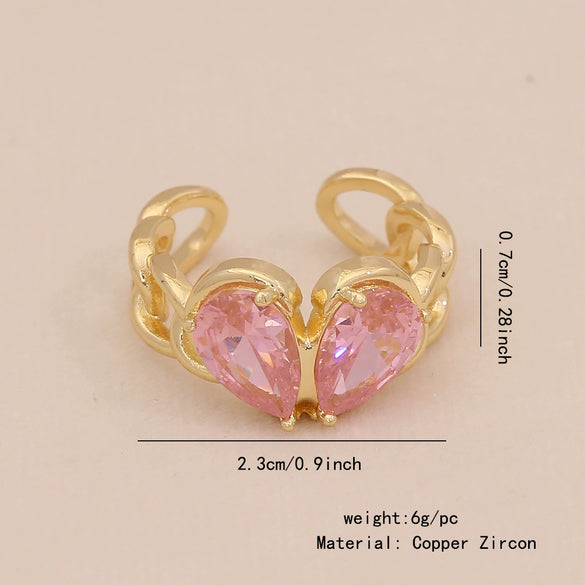 Light Luxury All Match Women's Copper Open Ring With Love Zircon And Bow Heart Shape Pattern Zirconia Processed