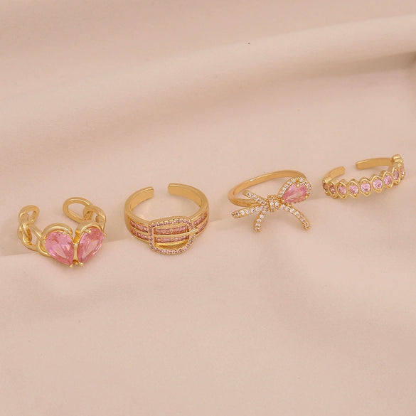 Light Luxury All Match Women's Copper Open Ring With Love Zircon And Bow Heart Shape Pattern Zirconia Processed
