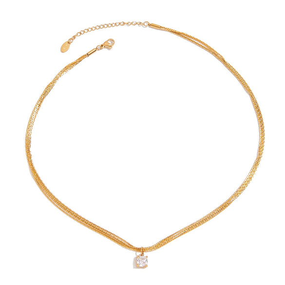 Light Luxury Allmatch Stainless Steel Square Zircon Pendant Fourlayer Chain Electroplated Necklace For Women