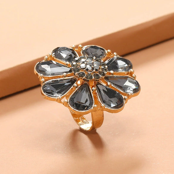 Light Luxury Alloy Hollow Flower Adjustable Ring With Diamond Accent Retro Exaggerated Floral Design For Unisex