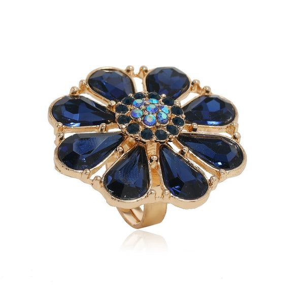 Light Luxury Alloy Hollow Flower Adjustable Ring With Diamond Accent Retro Exaggerated Floral Design For Unisex