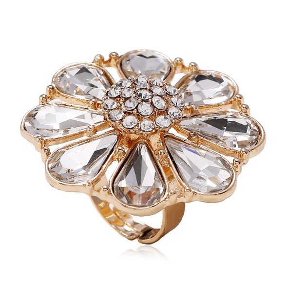 Light Luxury Alloy Hollow Flower Adjustable Ring With Diamond Accent Retro Exaggerated Floral Design For Unisex