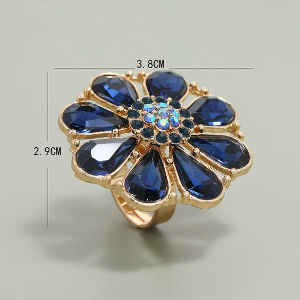 Light Luxury Alloy Hollow Flower Adjustable Ring With Diamond Accent Retro Exaggerated Floral Design For Unisex